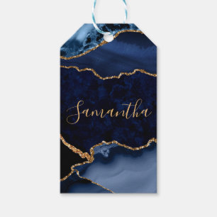 Navy Blue en Faux Gold Glitter Marble Agate Cadeaulabel