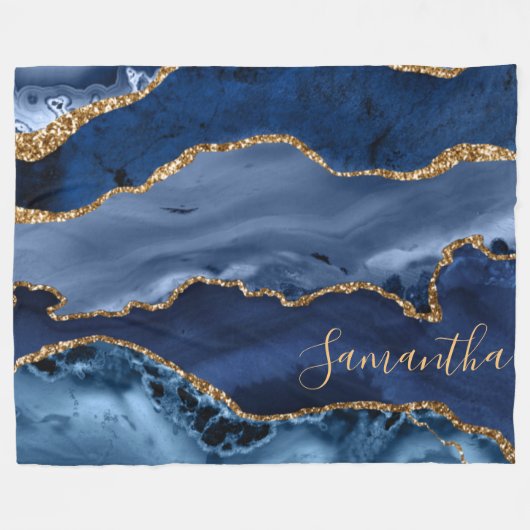 Navy Blue en Faux Gold Glitter Marble Agate Fleece Deken (Voorkant (Horizontaal))