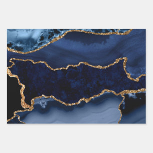 Navy Blue en Faux Gold Glitter Marble Agate Inpakpapier Vel