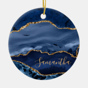 Navy Blue en Faux Gold Glitter Marble Agate Keramisch Ornament