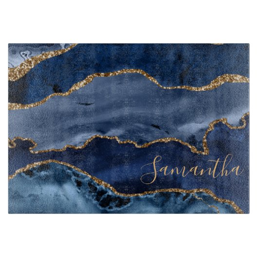 Navy Blue en Faux Gold Glitter Marble Agate Snijplank (Voorkant)