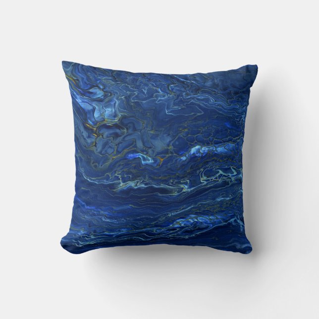 Navy Blue en Faux Gold Marble Acrylic Abstraction Kussen (Voorkant)
