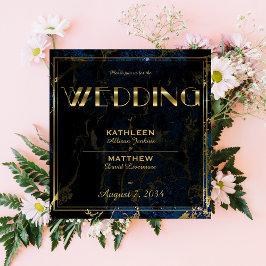 Navy Blue en (Faux) Gold Marble Wedding Kaart