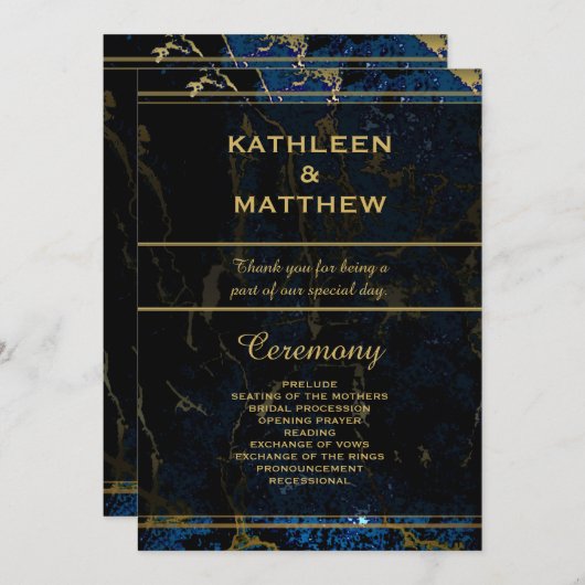 Navy Blue en (Faux) Gold Marble Wedding Programma (Voorkant / Achterkant)