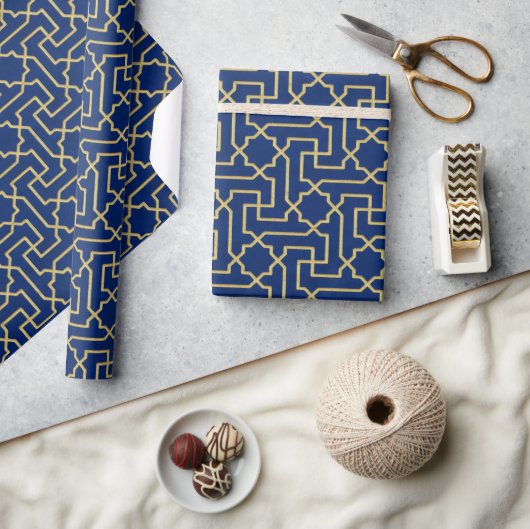 Navy Blue en Faux Gold Moroccan Mosaic Pattern Cadeaupapier (Crafts)