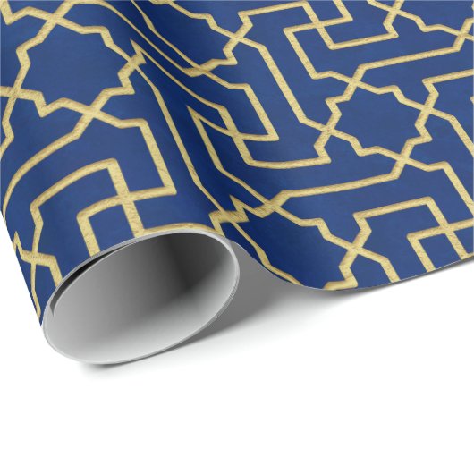 Navy Blue en Faux Gold Moroccan Mosaic Pattern Cadeaupapier (Rol Hoek)