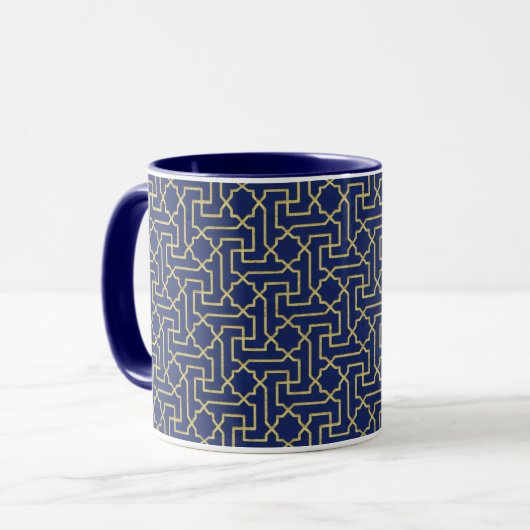 Navy Blue en Faux Gold Moroccan Mosaic Pattern Mok (Voorkant links)