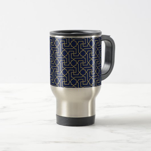 Navy Blue en Faux Gold Moroccan Mosaic Pattern Reisbeker (Voorkant rechts)
