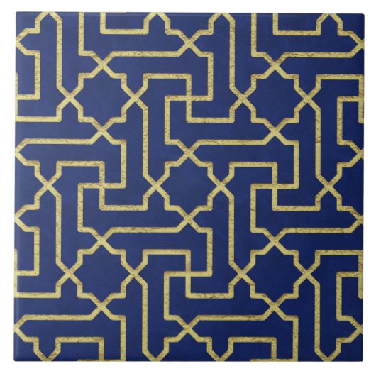 Navy Blue en Faux Gold Moroccan Mosaic Pattern Tegeltje (Voorkant)