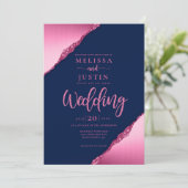 Navy Blue en Fuchsia Glitter bruiloft uitnodiging (Staand voorkant)