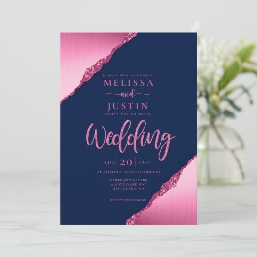 Navy Blue en Fuchsia Glitter bruiloft uitnodiging (Staand voorkant)