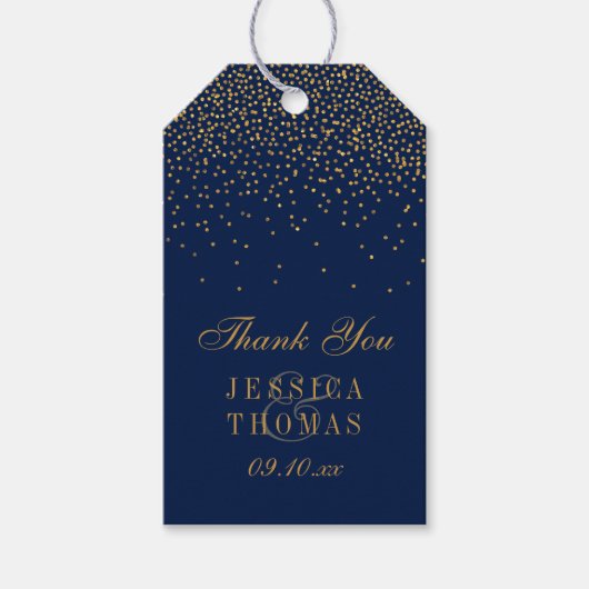 Navy Blue en Glam Gold Confetti Wedding Favor Cadeaulabel (Voorkant)
