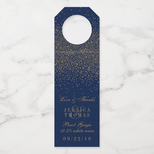 Navy Blue en Glam Gold Confetti Wedding Flessenhanger (Voorkant)
