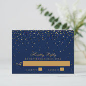 Navy Blue en Glam Gold Confetti Wedding RSVP (Staand voorkant)