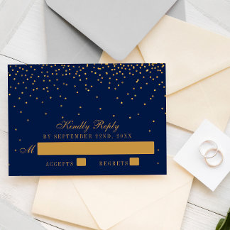 Navy Blue en Glam Gold Confetti Wedding RSVP Kaartje