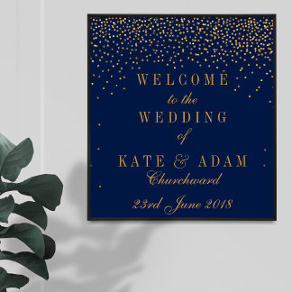 Navy Blue en Glam Gold Confetti Wedding Welkom Poster
