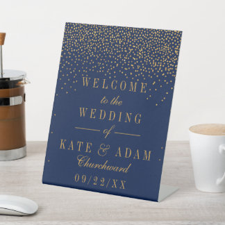 Navy Blue en Glam Gold Confetti Wedding Welkom Reclamebord Met Voetstuk