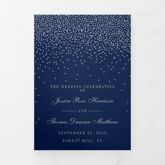 Navy Blue en Glam Silver Confetti Wedding Drieluik Programma (Cover)
