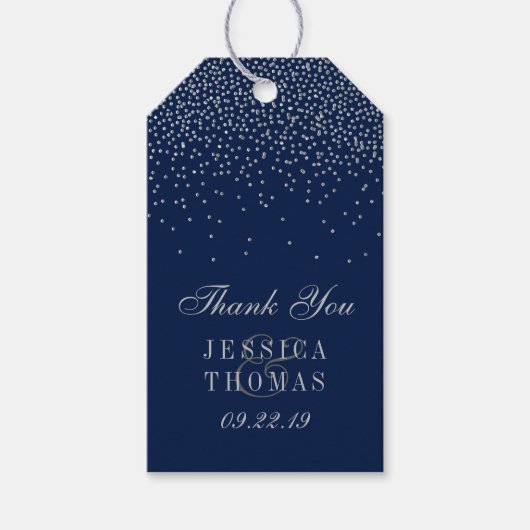 Navy Blue en Glam Silver Confetti Wedding Favor Cadeaulabel (Voorkant)