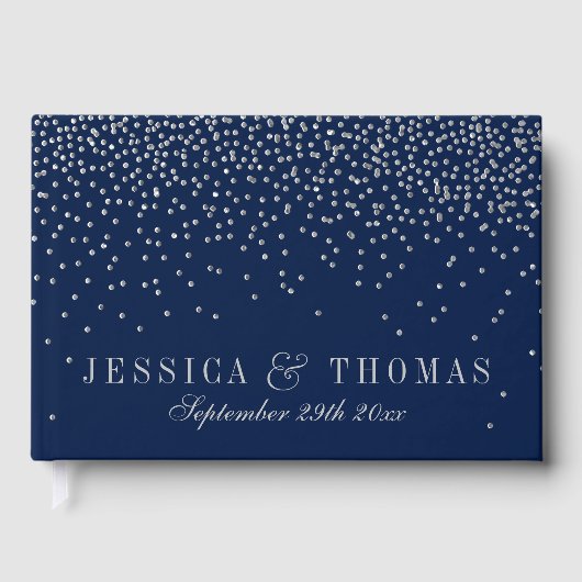 Navy Blue en Glam Silver Confetti Wedding Gastenboek (Voorkant)