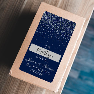 Navy Blue en Glam Silver Confetti Wedding Gift Etiket