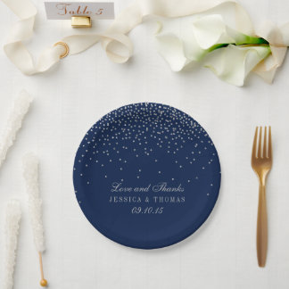 Navy Blue en Glam Silver Confetti Wedding Papieren Bordje