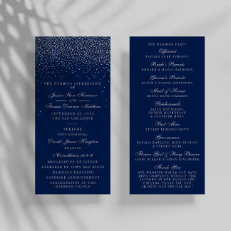 Navy Blue en Glam Silver Confetti Wedding Programm Reclamekaart