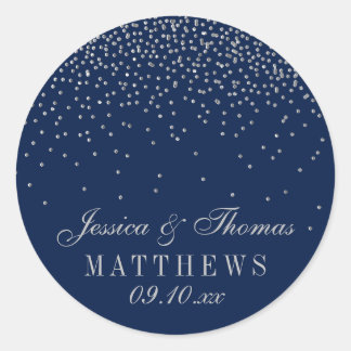 Navy Blue en Glam Silver Confetti Wedding Ronde Sticker