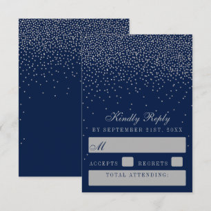 Navy Blue en Glam Silver Confetti Wedding RSVP Kaartje