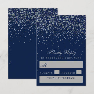 Navy Blue en Glam Silver Confetti Wedding RSVP Kaartje