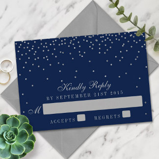Navy Blue en Glam Silver Confetti Wedding RSVP Kaartje