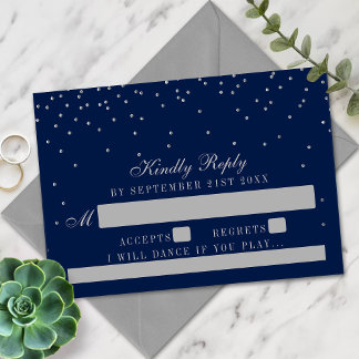 Navy Blue en Glam Silver Confetti Wedding RSVP Kaartje