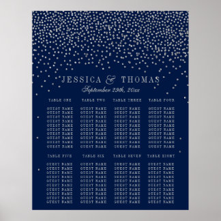 Navy Blue en Glam Silver Confetti Wedding Seating  Poster