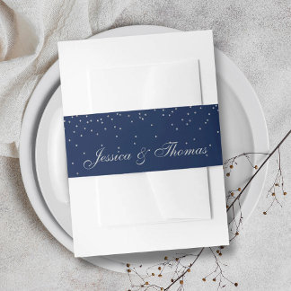 Navy Blue en Glam Silver Confetti Wedding Uitnodigingen Wikkel