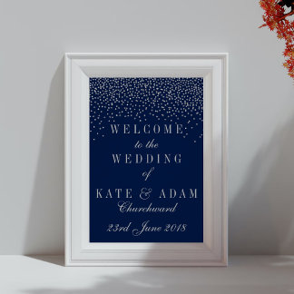 Navy Blue en Glam Silver Confetti Wedding Welcome Poster