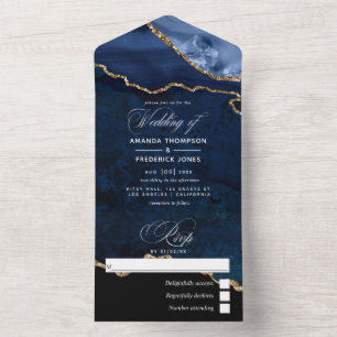 Navy Blue en Gold Agate Wedding All In One Uitnodiging