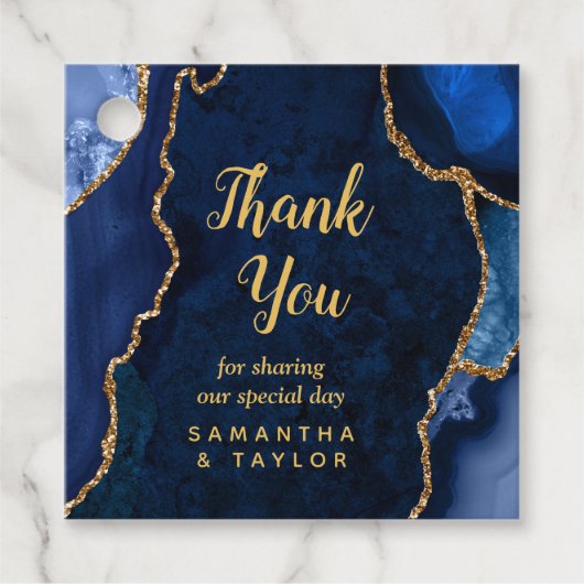 Navy Blue en Gold Agate Wedding Hartelijk dank Bedankjes Labels (Voorkant)