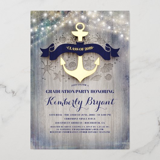 Navy Blue en Gold Anchor Rustic Beach Afstuderen Folie Uitnodiging (Voorkant)