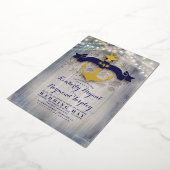 Navy Blue en Gold Anchor Rustic Beach Wedding Folie Uitnodiging (Gedraaid)