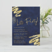 Navy Blue en Gold Birthday Invitation Kaart (Staand voorkant)