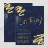 Navy Blue en Gold Birthday Invitation Kaart (Voorkant / Achterkant)