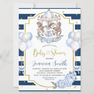 Navy Blue en Gold Boy Carousel Baby shower Invite Kaart