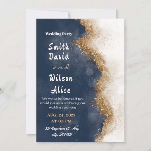 Navy Blue en Gold bruiloft uitnodiging (Voorkant)