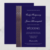 Navy Blue en Gold Chevron Stripe Wedding Kaart (Voorkant / Achterkant)