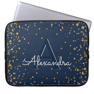 Navy Blue en Gold Confetti Monogram Laptop Sleeve