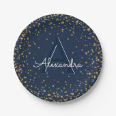 Navy Blue en Gold Confetti Monogram Verjaardag Papieren Bordje (Voorkant)