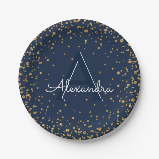 Navy Blue en Gold Confetti Monogram Verjaardag Papieren Bordje (Voorkant)