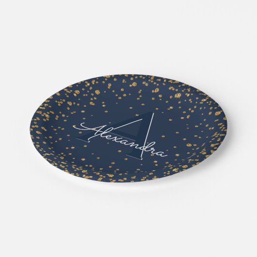 Navy Blue en Gold Confetti Monogram Verjaardag Papieren Bordje (Gekanteld)