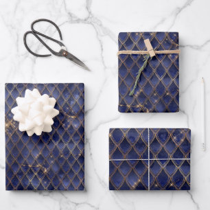Navy Blue en Gold Dragon Scales Inpakpapier Vel
