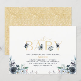 Navy Blue en Gold Elegant Boho Floral Baby shower Kaart